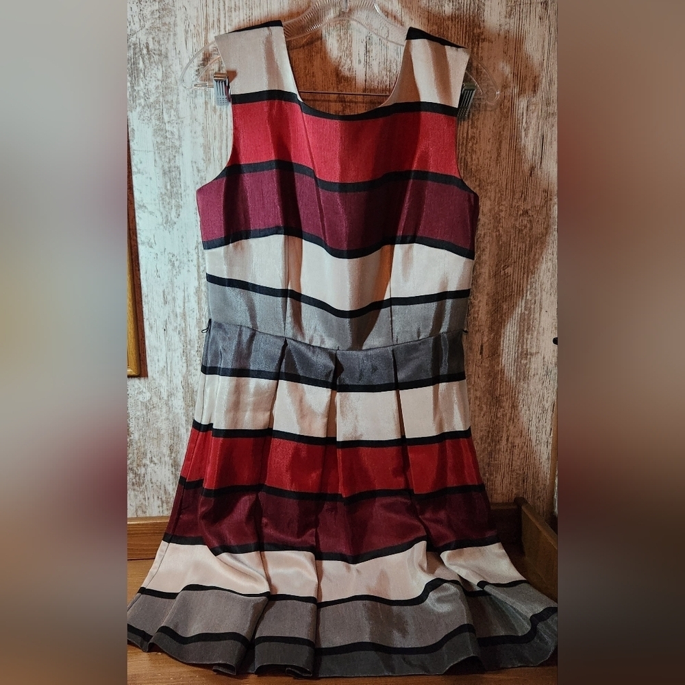 Julian Taylor Multicolor Striped Midi Dress Red Gray White Burgundy Sleeveless
